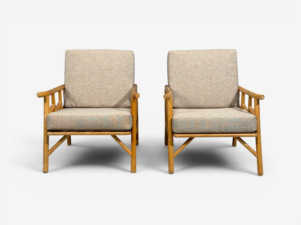 Ficks Reed, Lounge Chairs, Bamboo, Cane, Beige Tweed, USA, 1950s