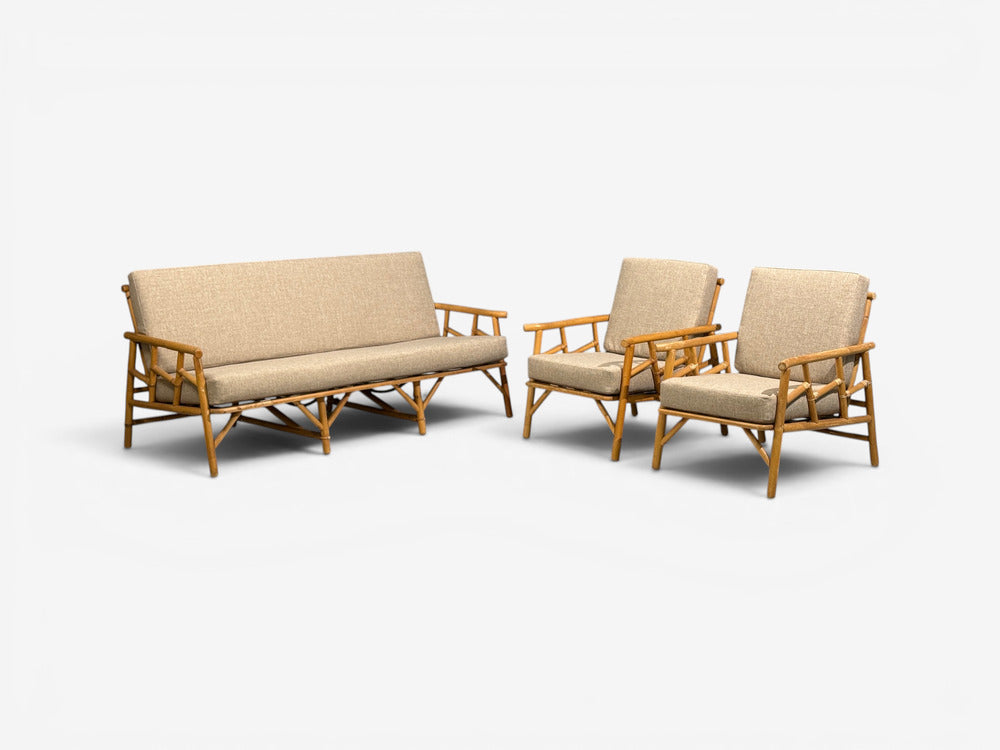 Ficks Reed, Lounge Chairs, Bamboo, Cane, Beige Tweed, USA, 1950s