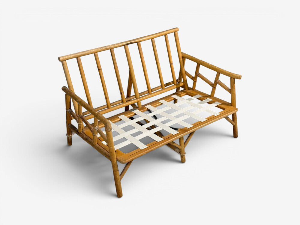 Ficks Reed, Two Seater Sofa, Bamboo, Cane, White Fabric, USA, 1950s