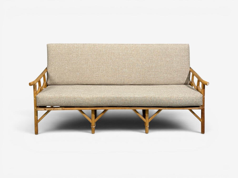 Ficks Reed, Three Seater Sofa, Bamboo, Cane, Beige Tweed, USA, 1950s