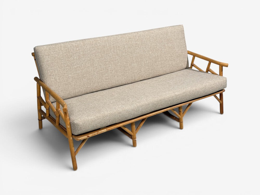 Ficks Reed, Three Seater Sofa, Bamboo, Cane, Beige Tweed, USA, 1950s