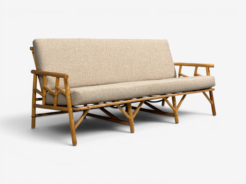 Ficks Reed, Three Seater Sofa, Bamboo, Cane, Beige Tweed, USA, 1950s
