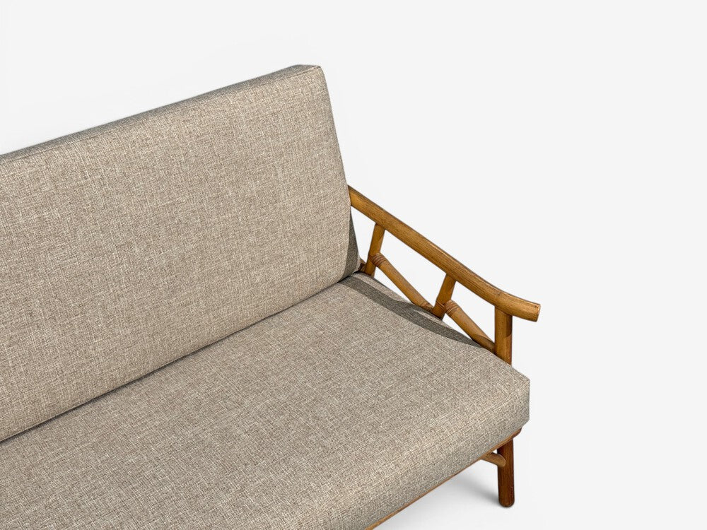 Ficks Reed, Three Seater Sofa, Bamboo, Cane, Beige Tweed, USA, 1950s