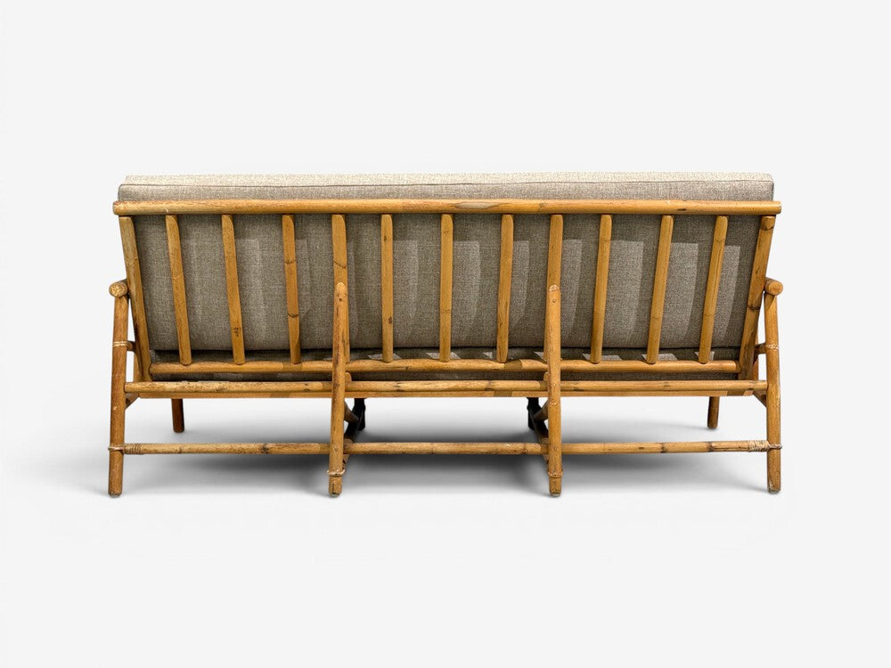 Ficks Reed, Three Seater Sofa, Bamboo, Cane, Beige Tweed, USA, 1950s