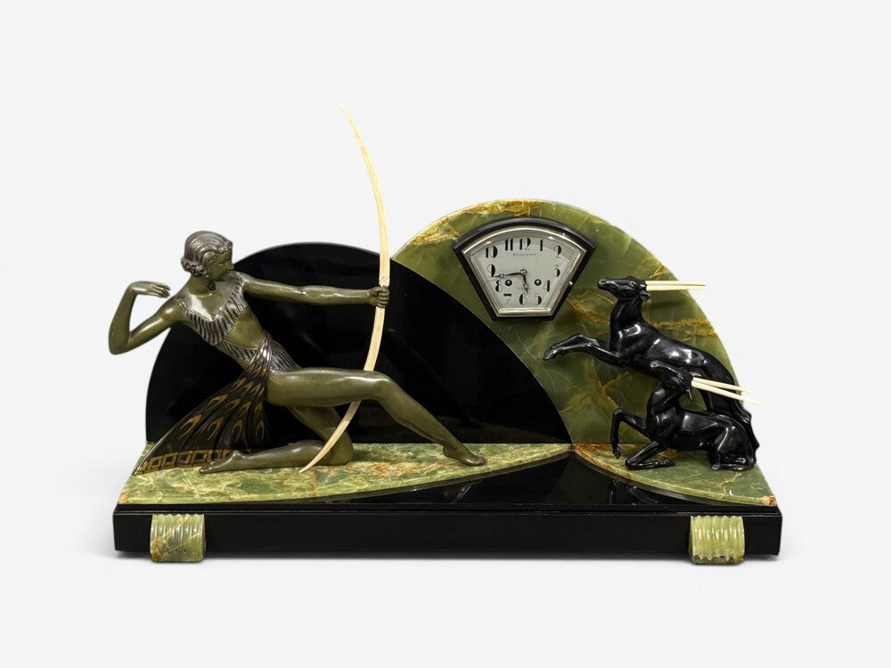 French Art Deco, Mantel Clock, Marble, Onyx, Gilt, France, 1930s