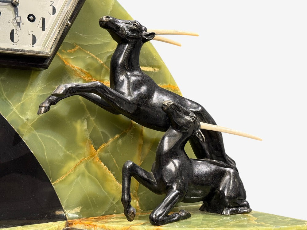 French Art Deco, Mantel Clock, Marble, Onyx, Gilt, France, 1930s