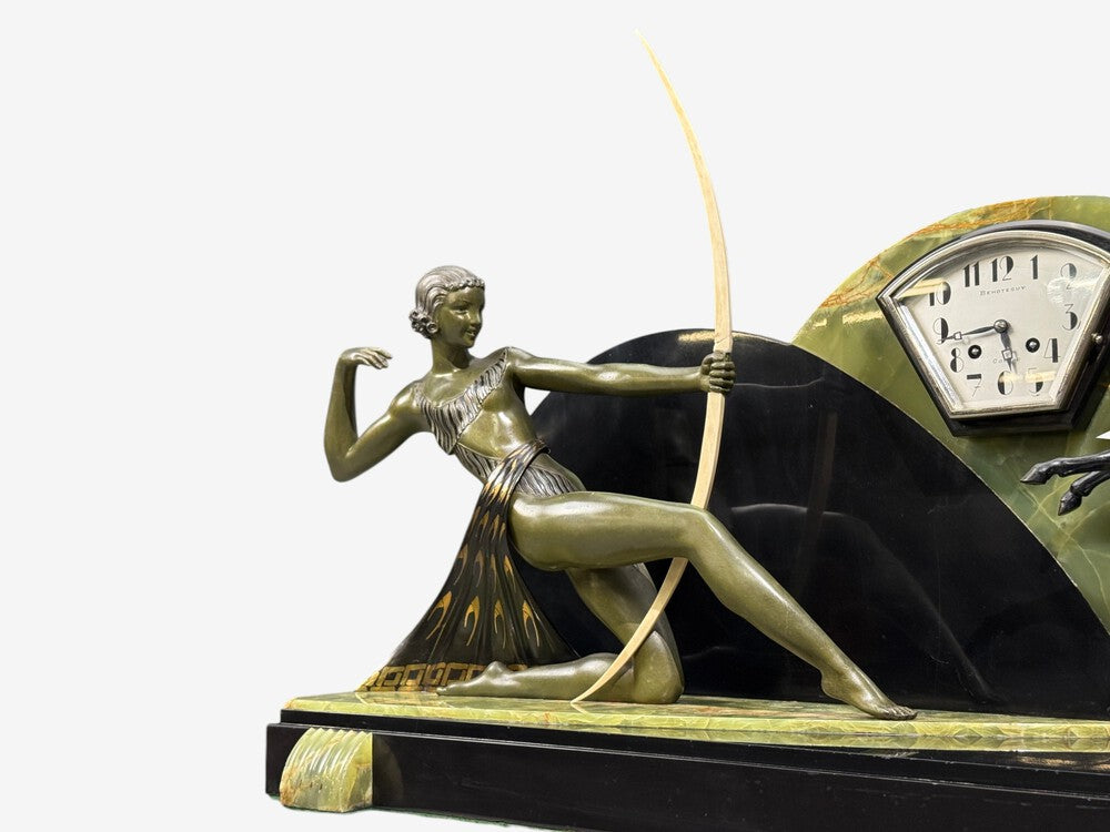 French Art Deco, Mantel Clock, Marble, Onyx, Gilt, France, 1930s