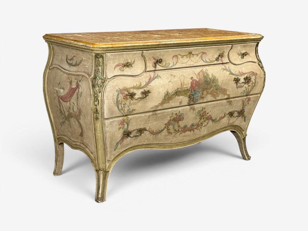 Venetian, Bombe Commode, Chinoiserie Painted, Faux Marble Top, Italy, 1920s