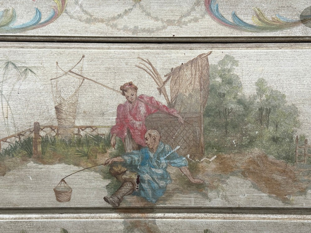 Venetian, Bombe Commode, Chinoiserie Painted, Faux Marble Top, Italy, 1920s