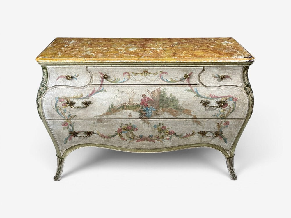 Venetian, Bombe Commode, Chinoiserie Painted, Faux Marble Top, Italy, 1920s