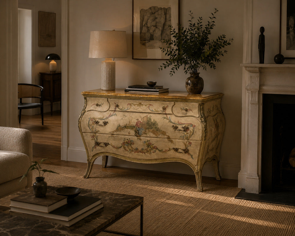 Venetian, Bombe Commode, Chinoiserie Painted, Faux Marble Top, Italy, 1920s