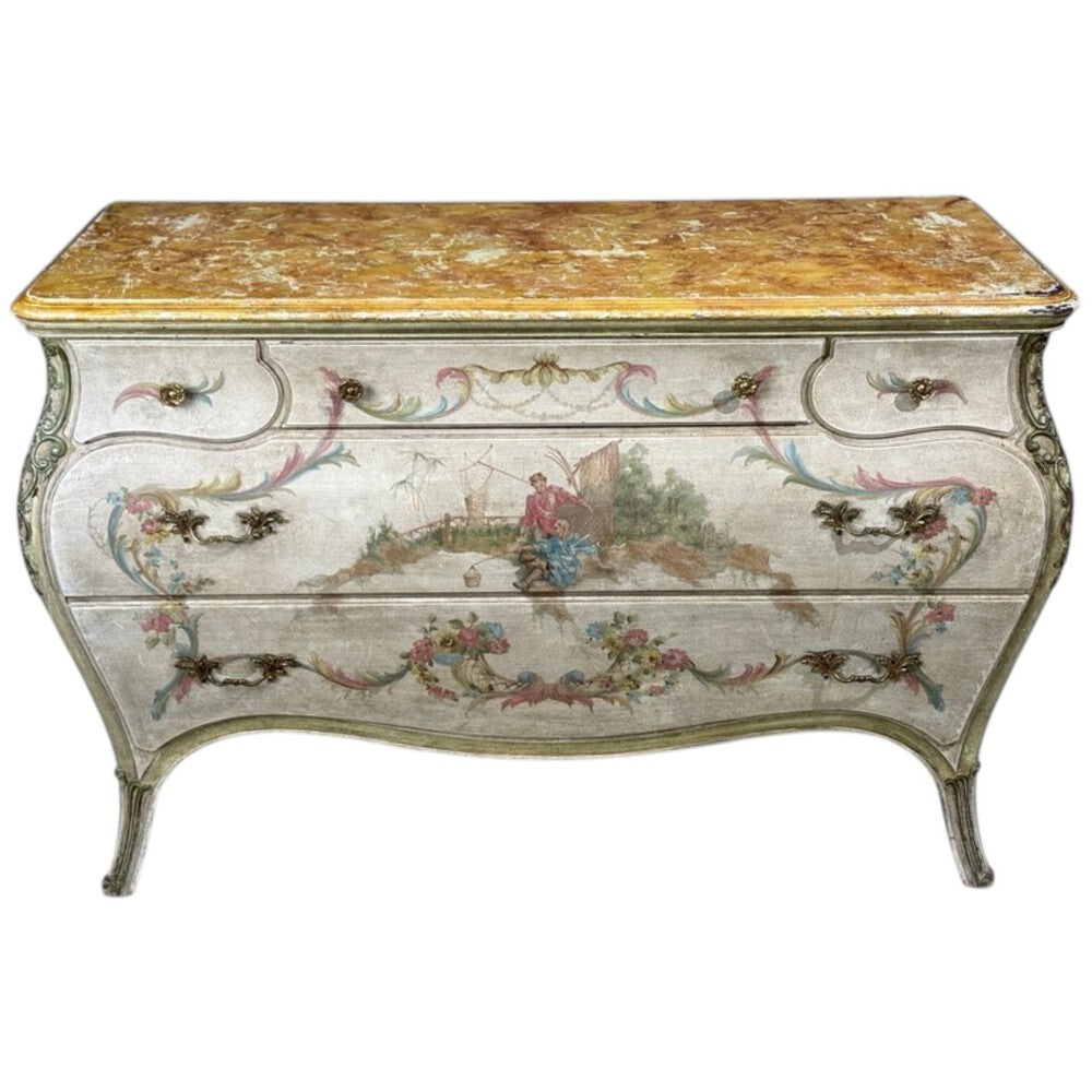 Venetian, Bombe Commode, Chinoiserie Painted, Faux Marble Top, Italy, 1920s