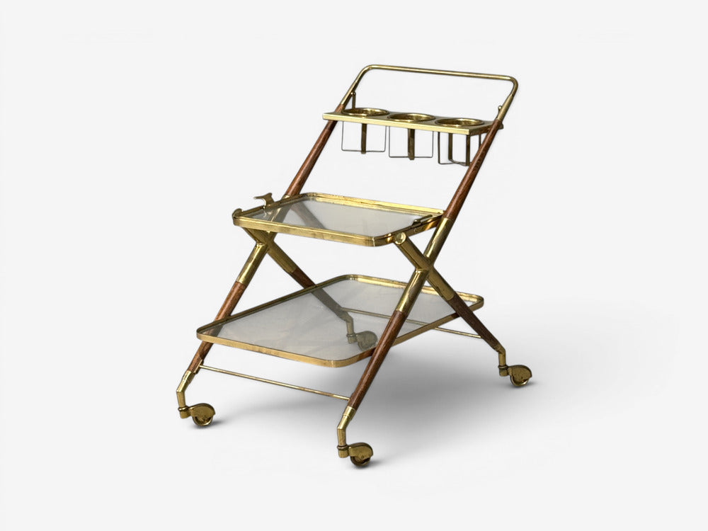 Italian Modern, Bar Cart, Teak, Brass, Glass, Italy, 1950s