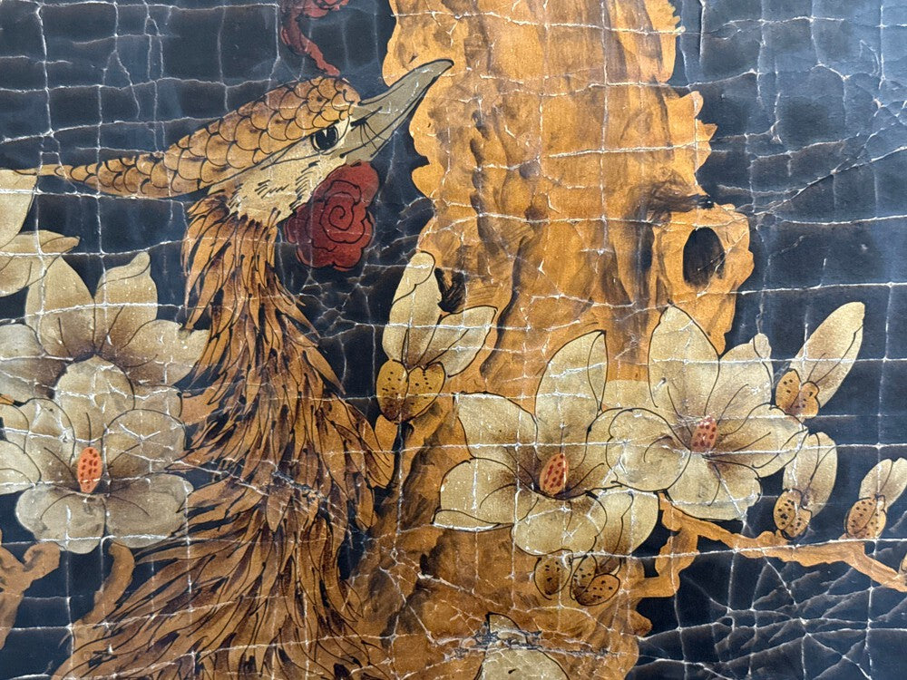Chinese Export, Jappanned Screen, Crackle Lacquer, Gilt, Brass, China, 1960s
