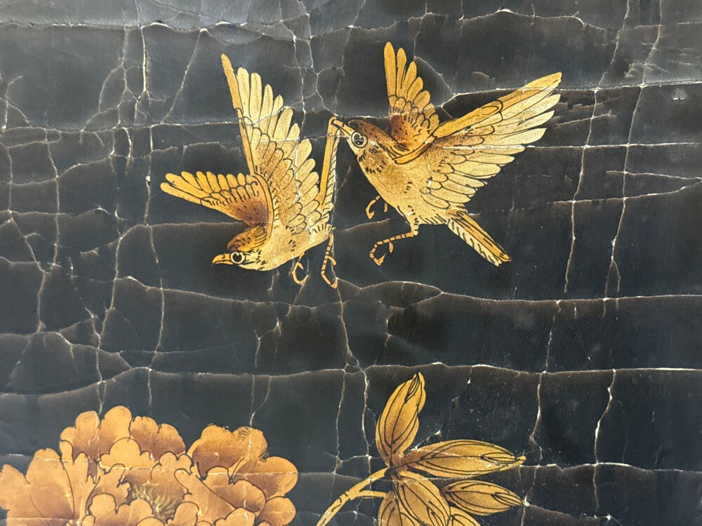 Chinese Export, Jappanned Screen, Crackle Lacquer, Gilt, Brass, China, 1960s