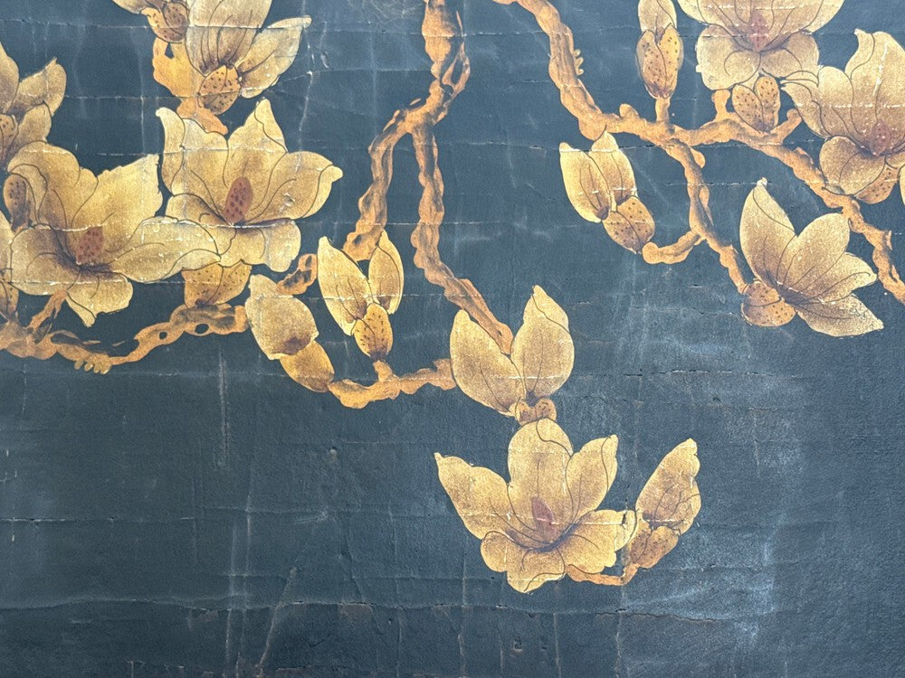 Chinese Export, Jappanned Screen, Crackle Lacquer, Gilt, Brass, China, 1960s