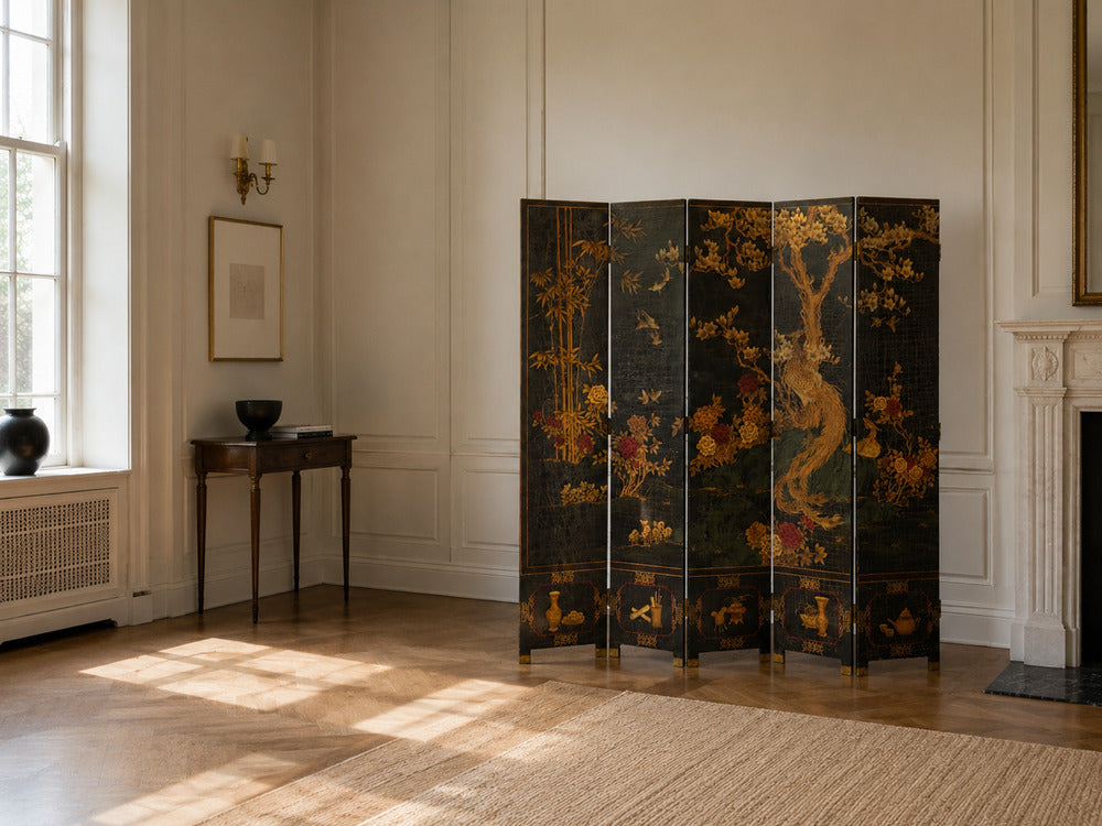 Chinese Export, Jappanned Screen, Crackle Lacquer, Gilt, Brass, China, 1960s
