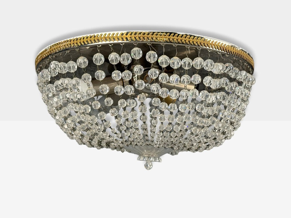 Neoclassical, Basket Flush Mount Ceiling Light, Bronze, Crystal, France, 20th c.