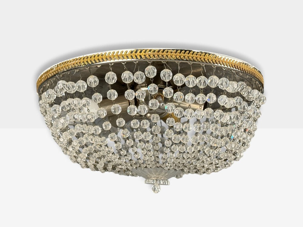 Neoclassical, Basket Flush Mount Ceiling Light, Bronze, Crystal, France, 20th c.