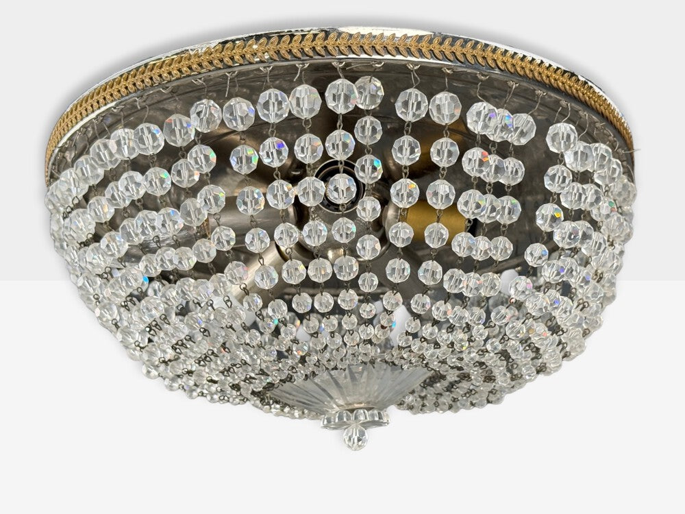 Neoclassical, Basket Flush Mount Ceiling Light, Bronze, Crystal, France, 20th c.