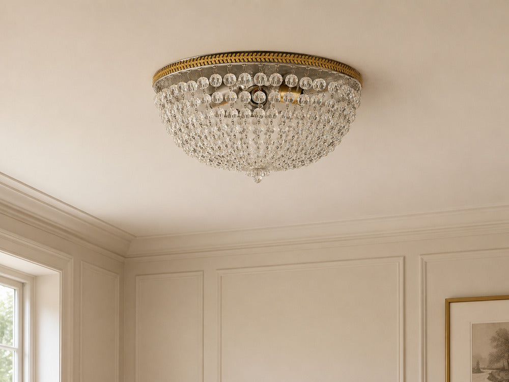 Neoclassical, Basket Flush Mount Ceiling Light, Bronze, Crystal, France, 20th c.