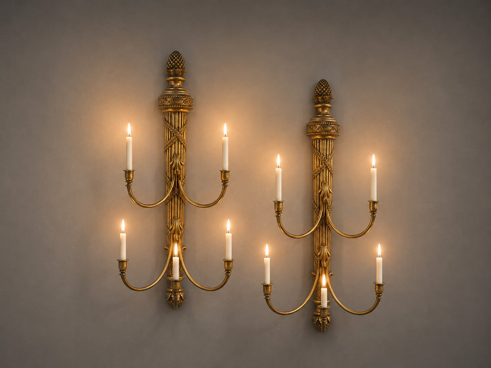 Neoclassical Style, Candelabra Wall Sconces, Giltwood, USA, 1940s