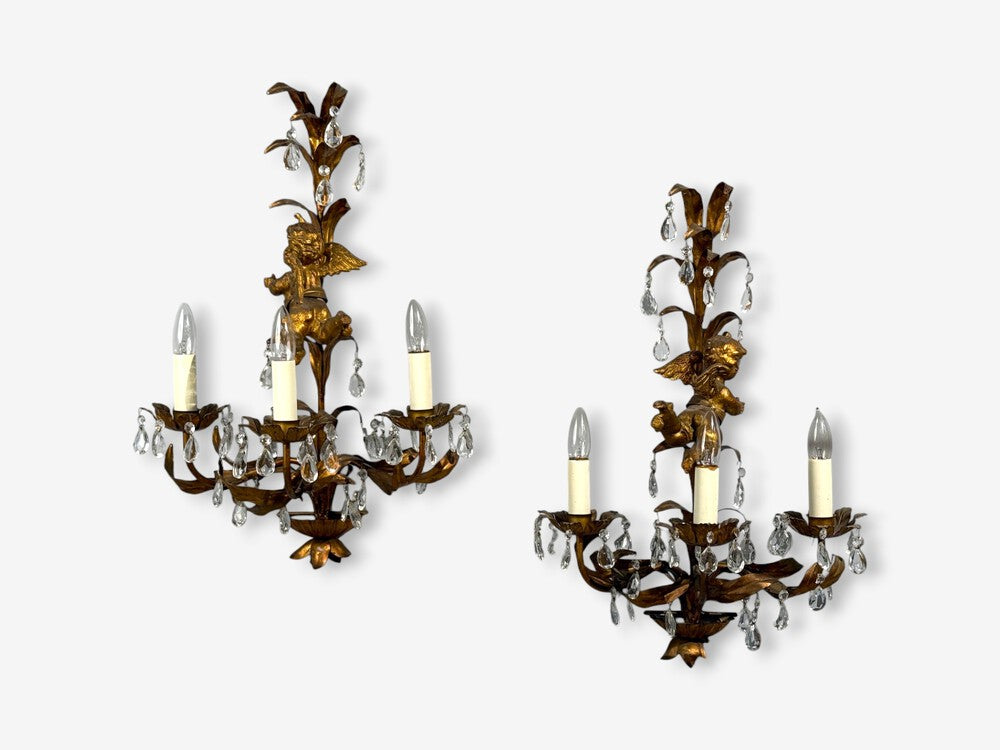 French Marie Therese Style, Cherub Wall Sconces, Gilt-Brass, Crystal, 1950s