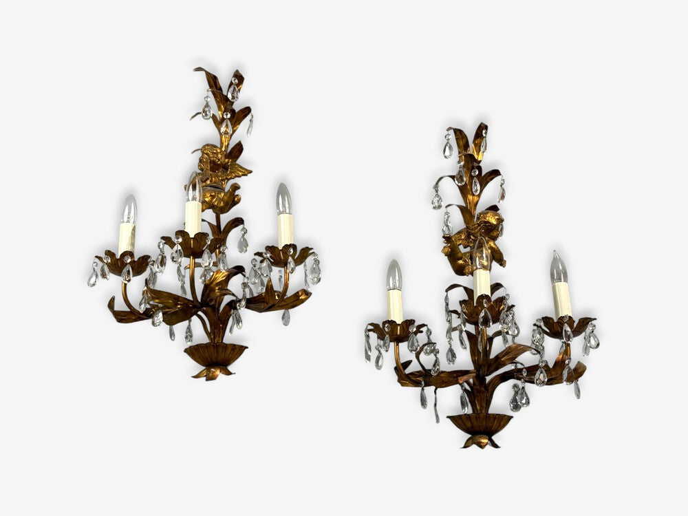 French Marie Therese Style, Cherub Wall Sconces, Gilt-Brass, Crystal, 1950s