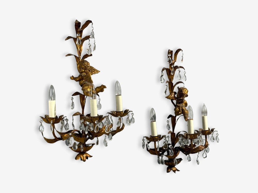 French Marie Therese Style, Cherub Wall Sconces, Gilt-Brass, Crystal, 1950s
