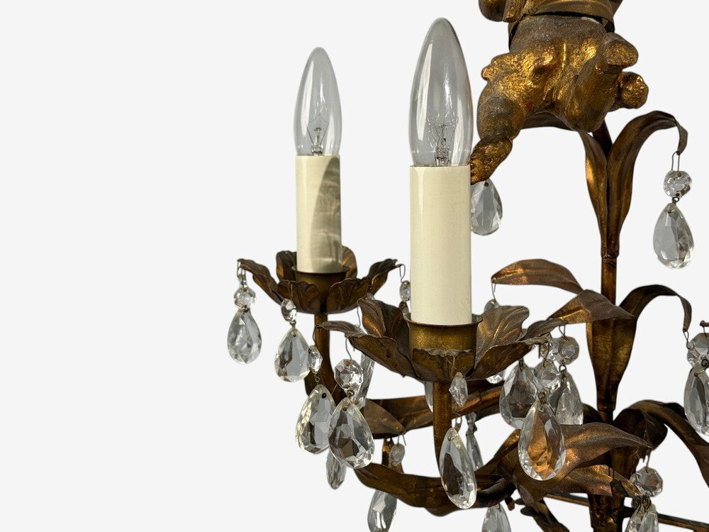 French Marie Therese Style, Cherub Wall Sconces, Gilt-Brass, Crystal, 1950s