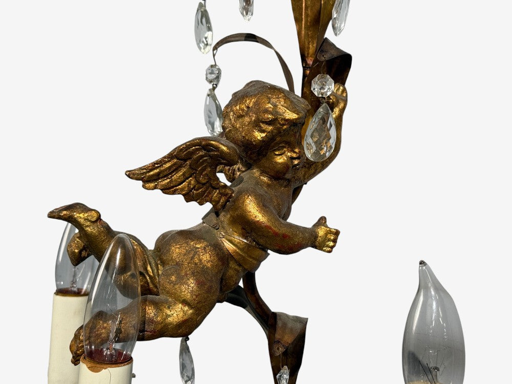 French Marie Therese Style, Cherub Wall Sconces, Gilt-Brass, Crystal, 1950s