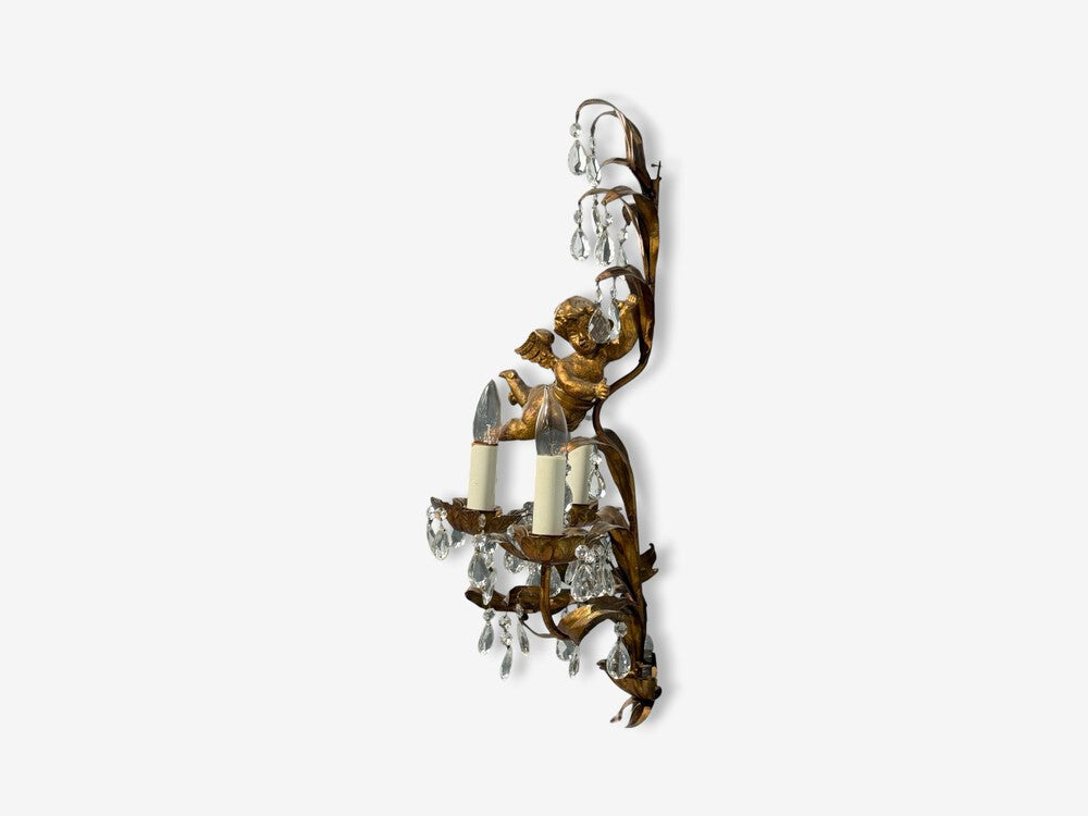 French Marie Therese Style, Cherub Wall Sconces, Gilt-Brass, Crystal, 1950s