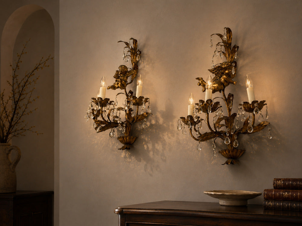 French Marie Therese Style, Cherub Wall Sconces, Gilt-Brass, Crystal, 1950s