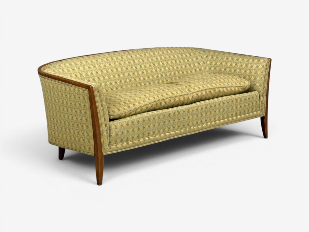 John Stuart, Irwin Furniture Co., American Mid-Century Modern, Curved Settee, Walnut, Fabric, USA, 1950s