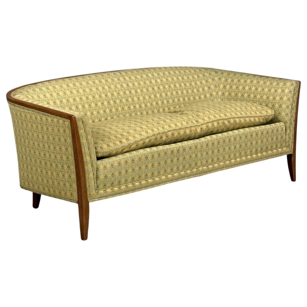 John Stuart, Irwin Furniture Co., American Mid-Century Modern, Curved Settee, Walnut, Fabric, USA, 1950s