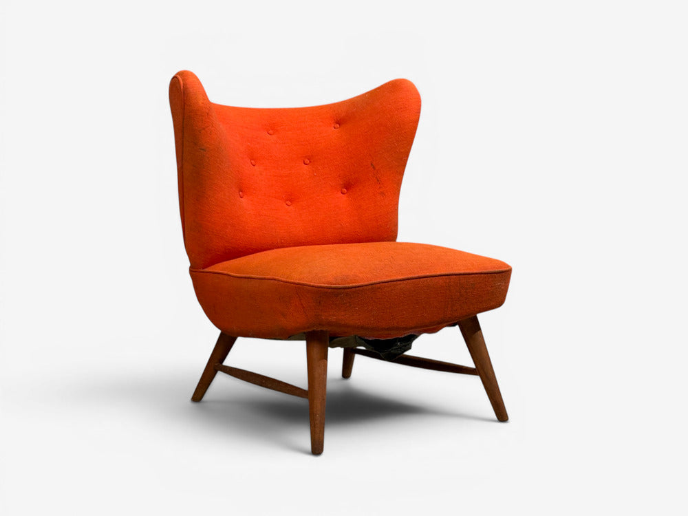 Elias Svendberg, Rare Easy Chair, Wood, Red Fabric, Sweden, 1940s