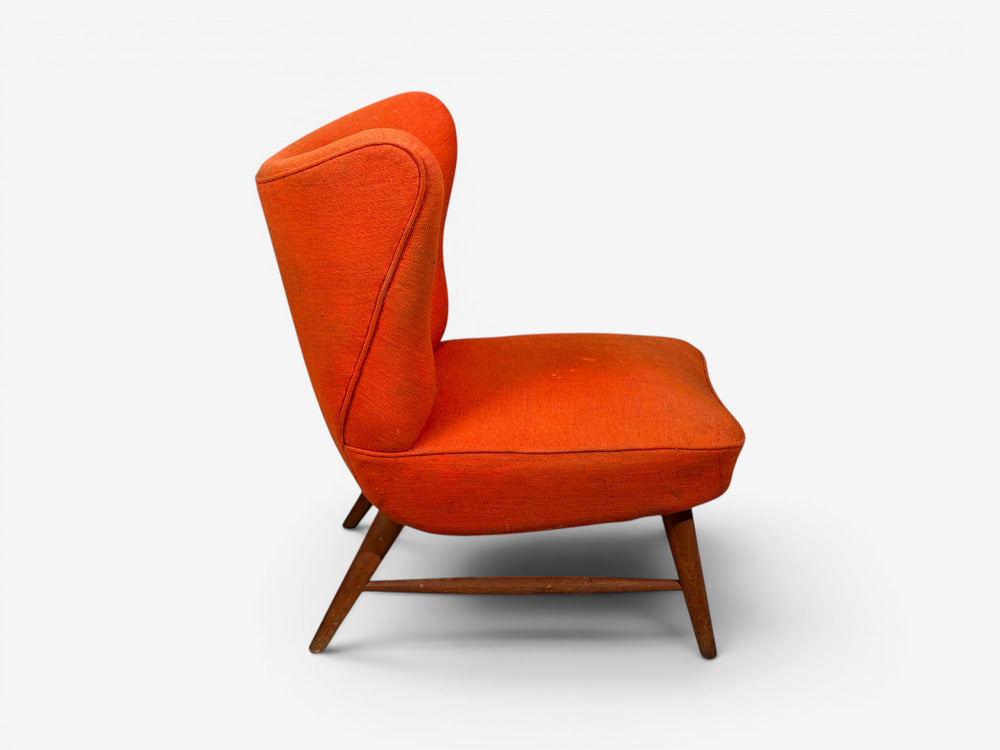 Elias Svendberg, Rare Easy Chair, Wood, Red Fabric, Sweden, 1940s