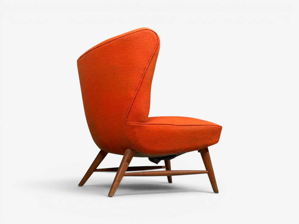 Elias Svendberg, Rare Easy Chair, Wood, Red Fabric, Sweden, 1940s