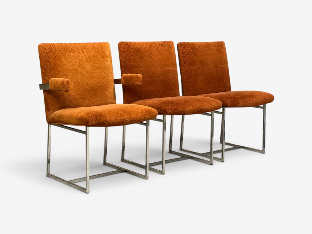 Milo Baughman, Six Dining Chairs, Chrome, Fabric, USA, 1970s