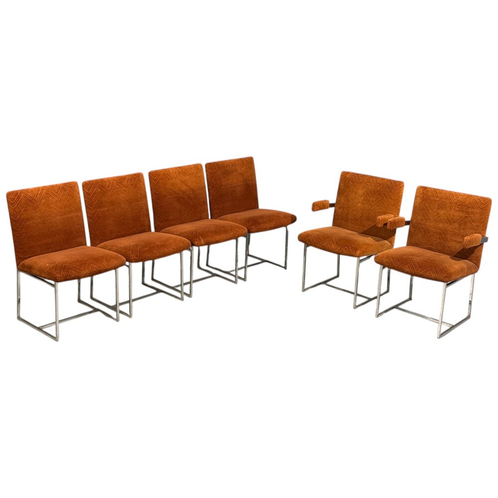 Milo Baughman, Six Dining Chairs, Chrome, Fabric, USA, 1970s