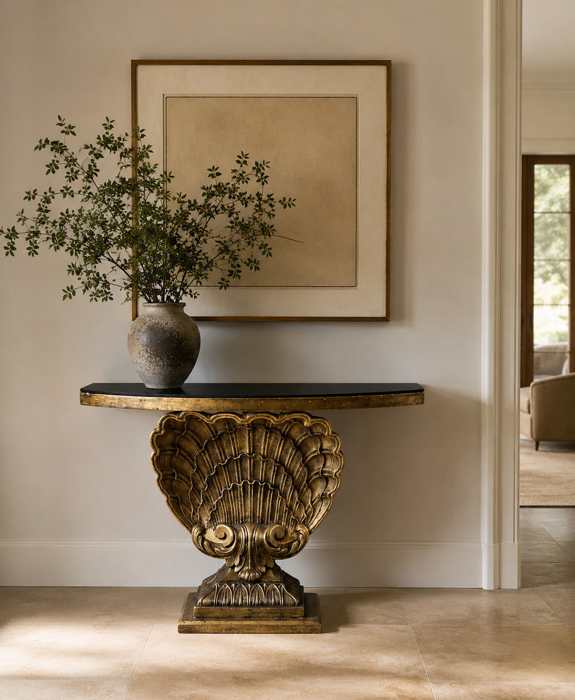 Grosfeld House attr., Hollywood Regency, Shell Console, Silver Leaf, USA, 1970s