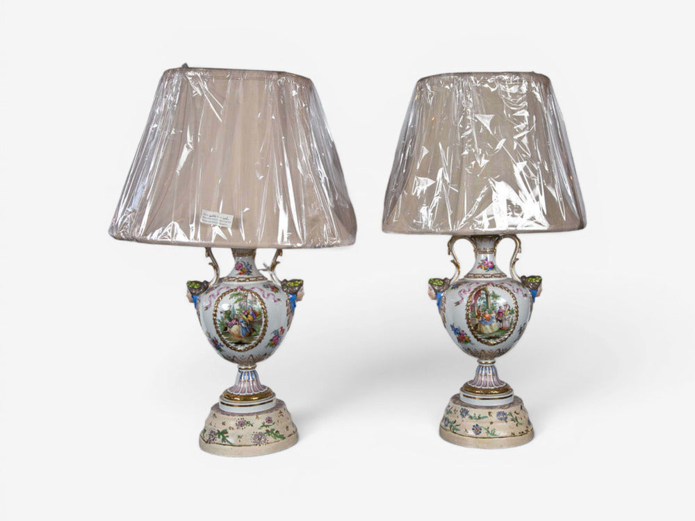 Regency Style, Urn Table Lamps, Porcelain, Painted Wood, France, 20th c.