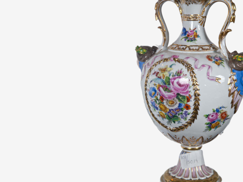 Regency Style, Urn Table Lamps, Porcelain, Painted Wood, France, 20th c.
