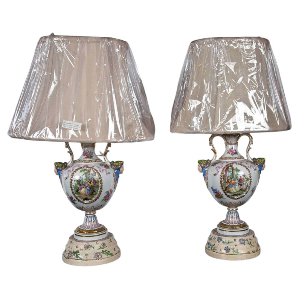 Regency Style, Urn Table Lamps, Porcelain, Painted Wood, France, 20th c.