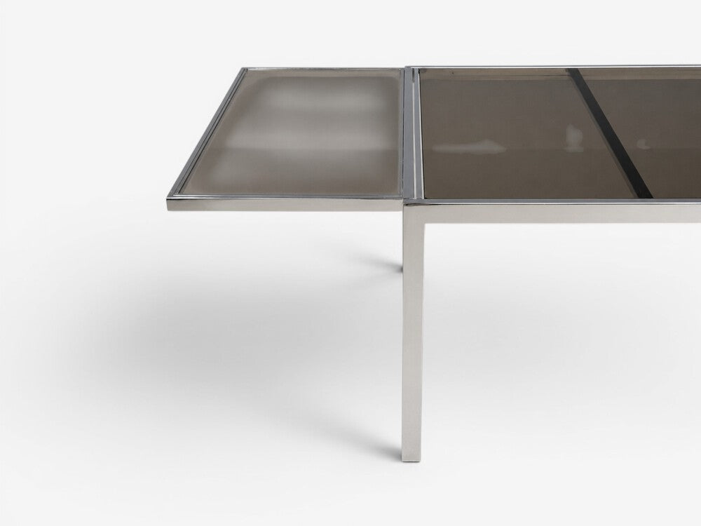 Milo Baughman Style, Expanding Dining Table, Chrome, Smoked Glass, USA, 1970s