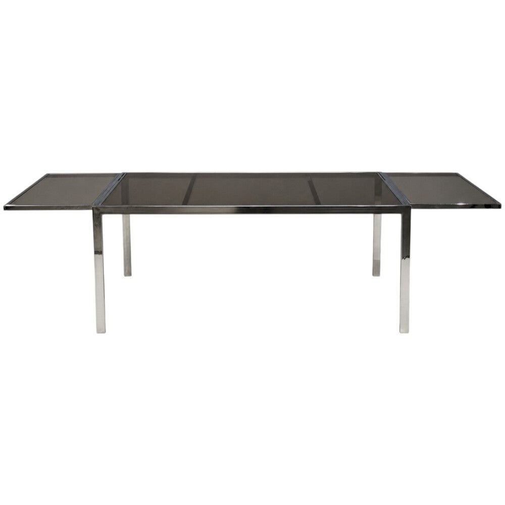 Milo Baughman Style, Expanding Dining Table, Chrome, Smoked Glass, USA, 1970s