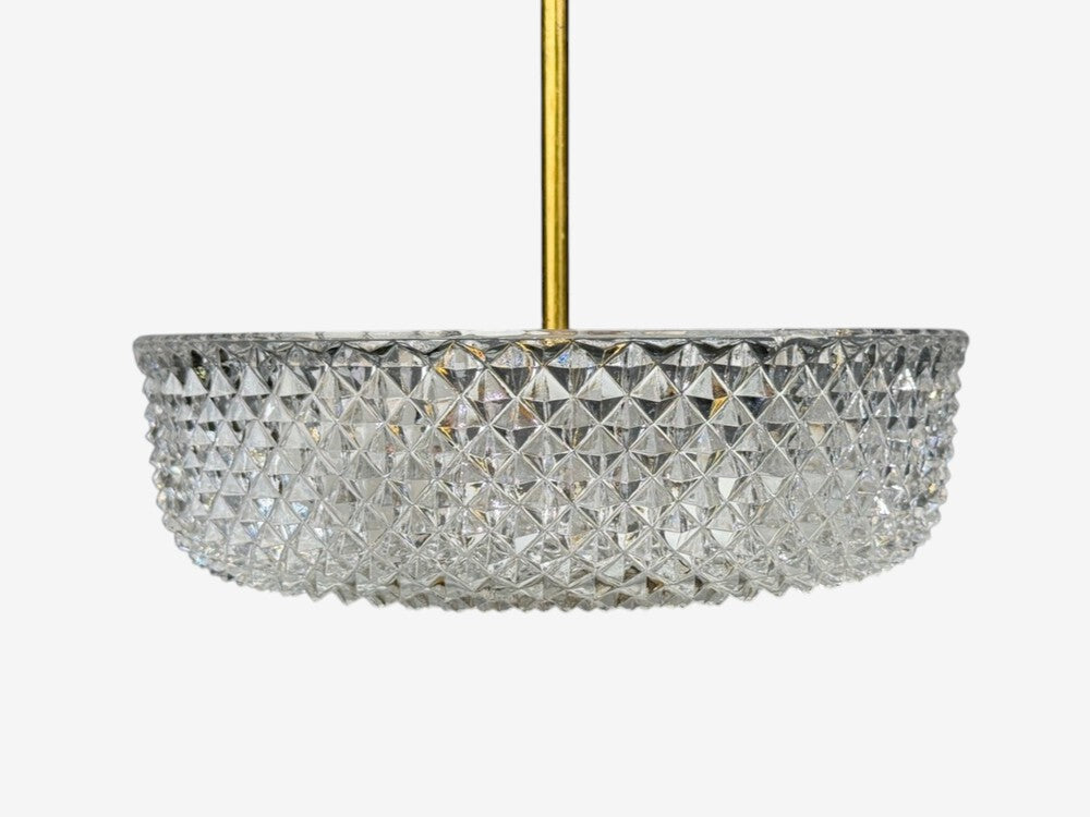 Carl Fagerlund Style, Pendant Light, Brass, Textured Glass, Sweden, 1960s