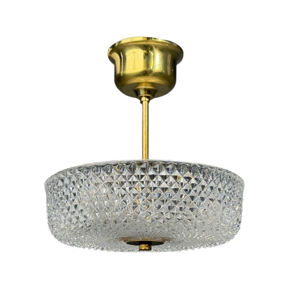 Carl Fagerlund Style, Pendant Light, Brass, Textured Glass, Sweden, 1960s