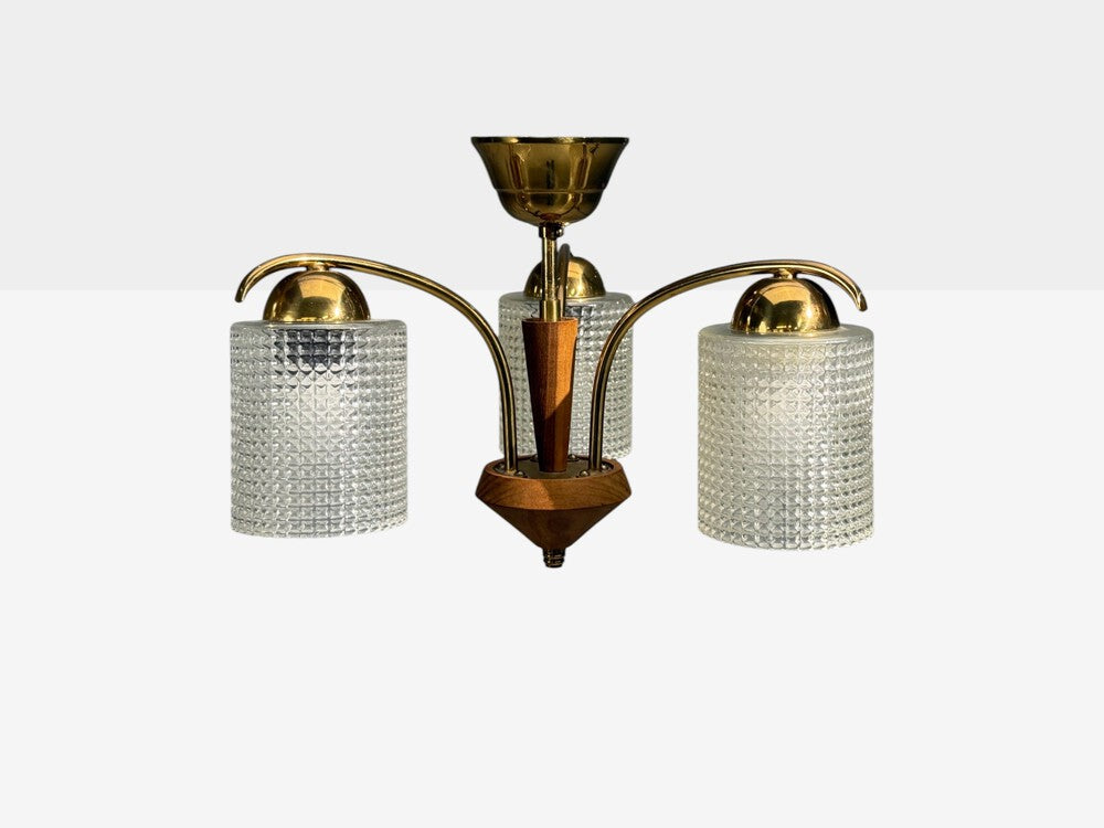 Swedish Modern, Small Pendant Light, Brass, Teak, Textured Glass, Sweden, 1950s