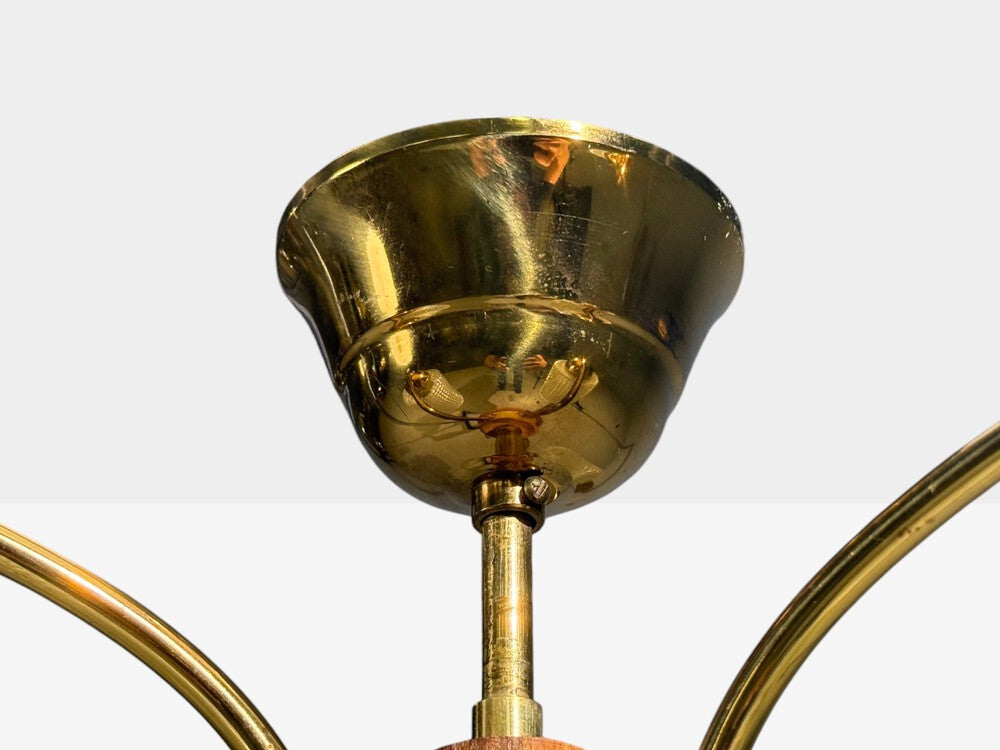 Swedish Modern, Small Pendant Light, Brass, Teak, Textured Glass, Sweden, 1950s